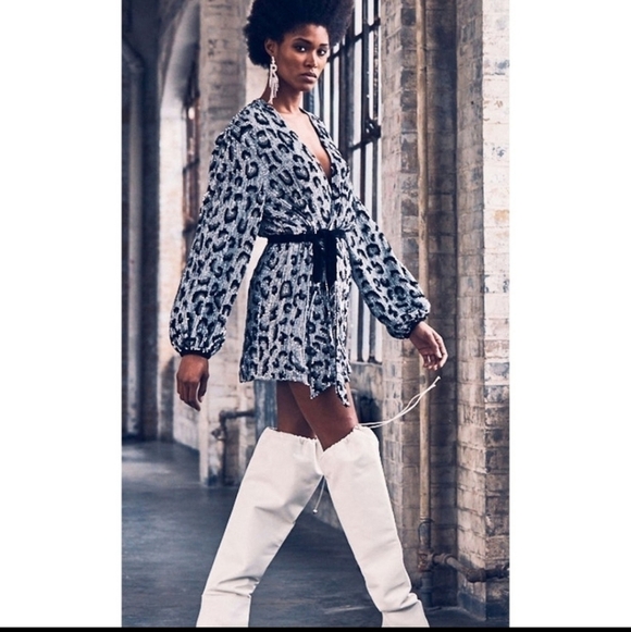 Retrofete Gabrielle Sequin Robe Wrap Silver Leopard Mini Dress NWT Size Medium - Picture 5 of 15